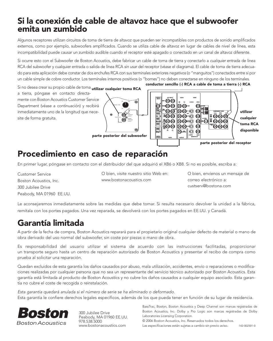 Procedimiento en caso de reparación, Garantía limitada | Boston Acoustics XB6 User Manual | Page 16 / 24