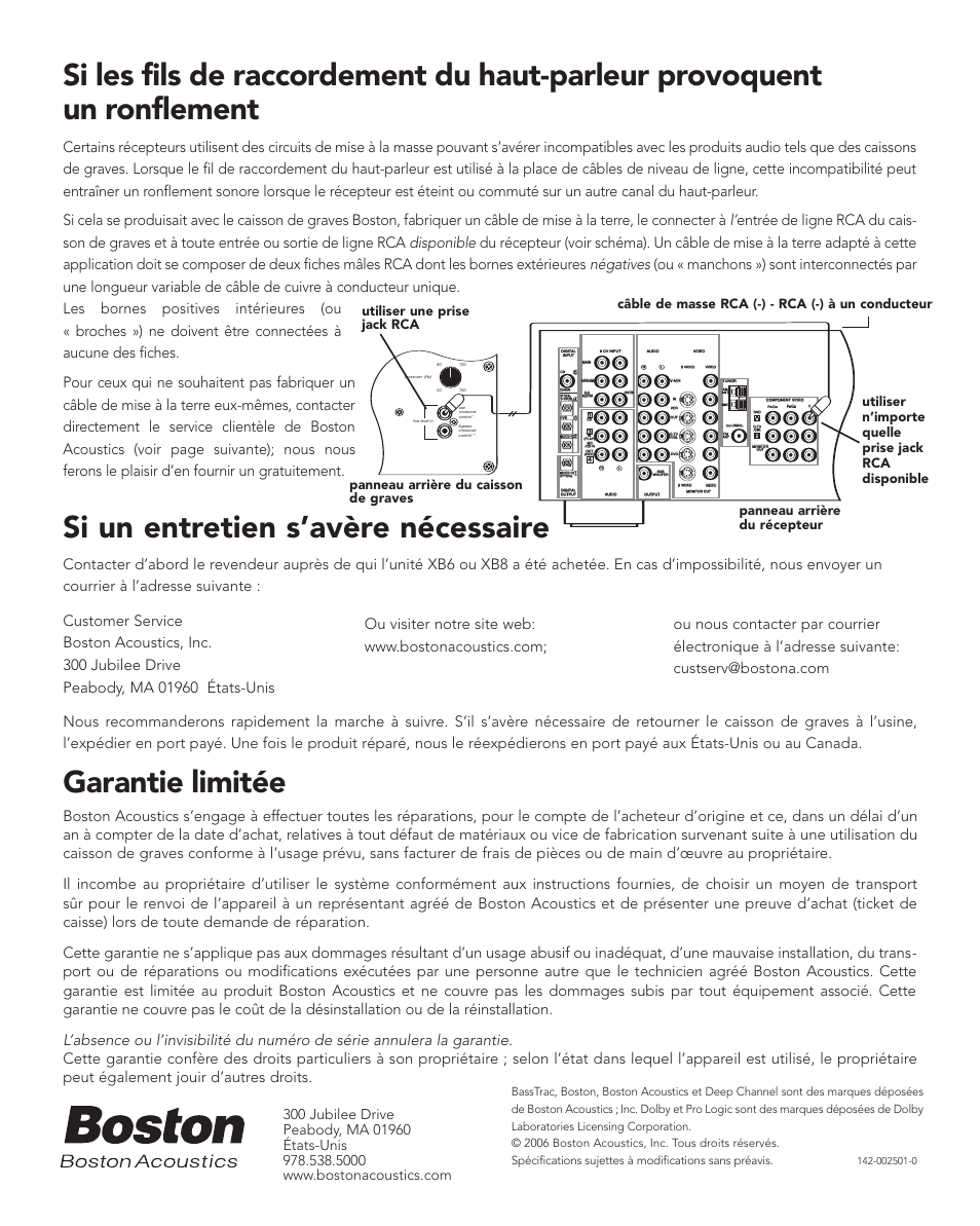 Si un entretien s’avère nécessaire, Garantie limitée | Boston Acoustics XB6 User Manual | Page 24 / 24