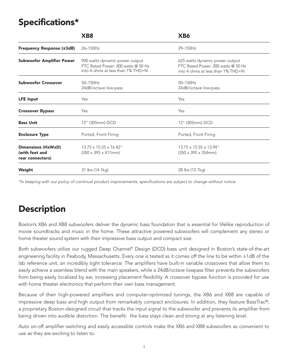 Description, Specifications, Xb8 xb6 | Boston Acoustics XB6 User Manual | Page 3 / 24