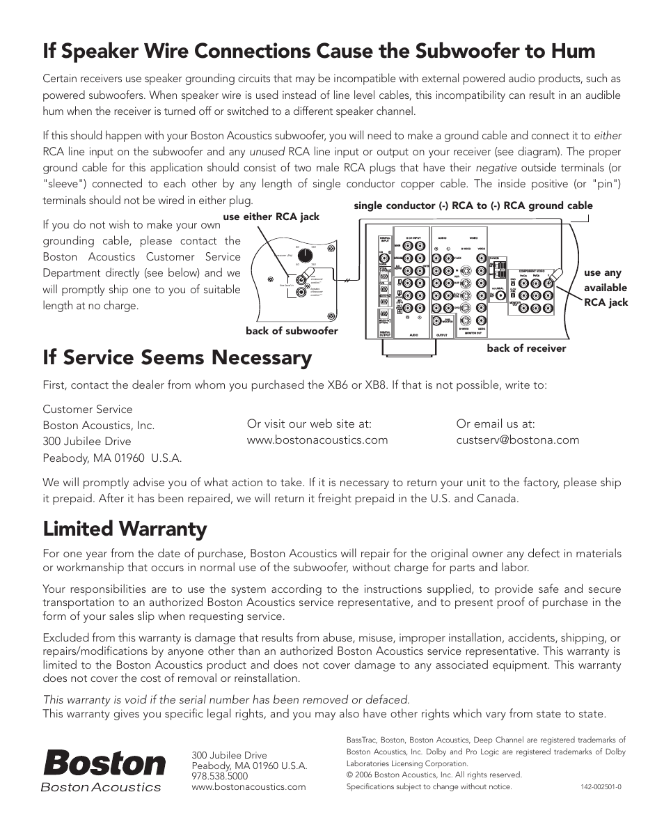 If service seems necessary, Limited warranty | Boston Acoustics XB6 User Manual | Page 8 / 24