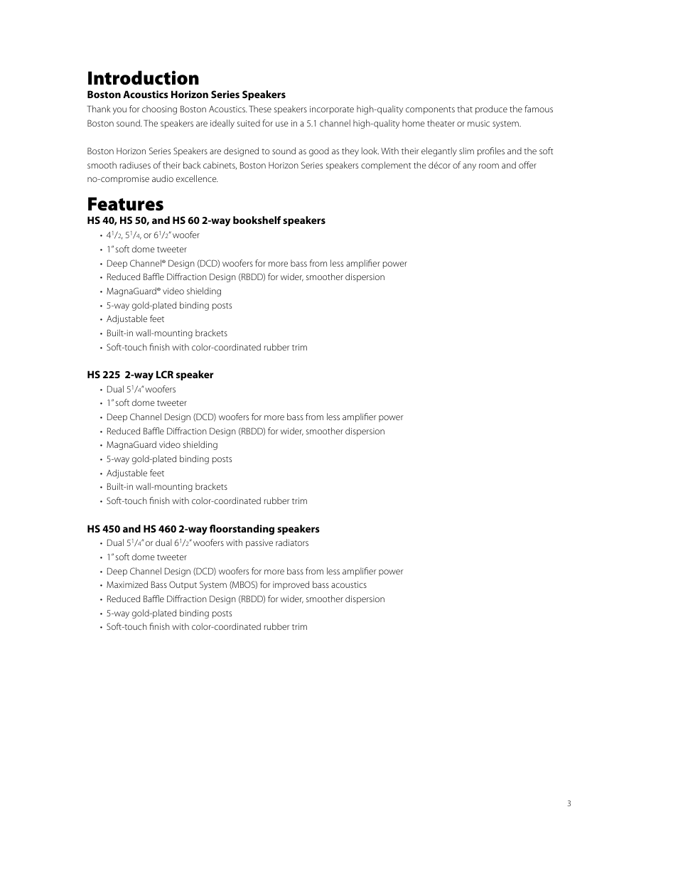 Introduction, Features | Boston Acoustics Horizon Series HS225 User Manual | Page 3 / 8