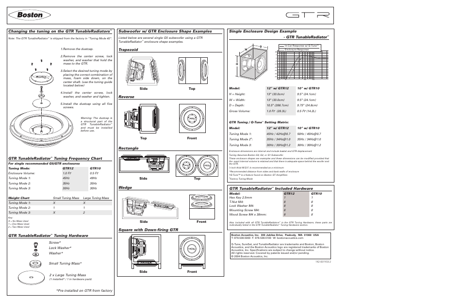 Included hardware, Gtr tunableradiator, Tuning hardware | Tuning frequency chart, Changing the tuning on the gtr tunableradiators, Trapezoid rectangle reverse, Wedge, Square with down-firing gtr, Small tuning mass* 2 x large tuning mass, Front top side top side front side top | Boston Acoustics GTR10 User Manual | Page 2 / 2