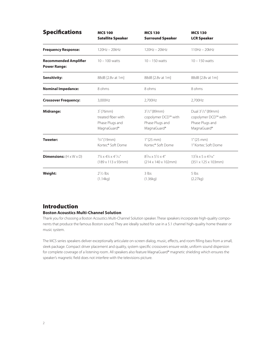 Introduction, Specifi cations | Boston Acoustics MCS 130 SURROUND User Manual | Page 2 / 7