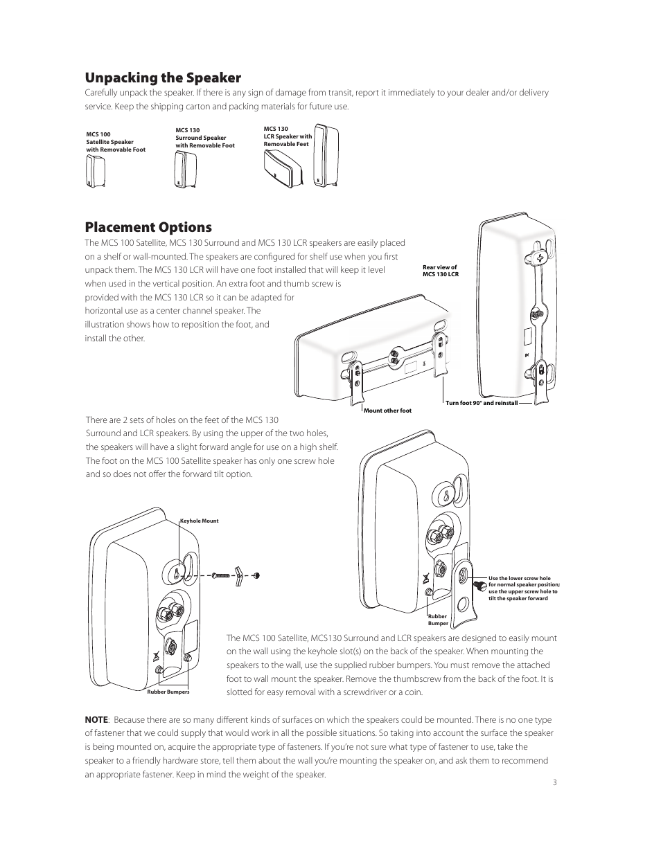 Unpacking the speaker, Placement options | Boston Acoustics MCS 130 SURROUND User Manual | Page 3 / 7