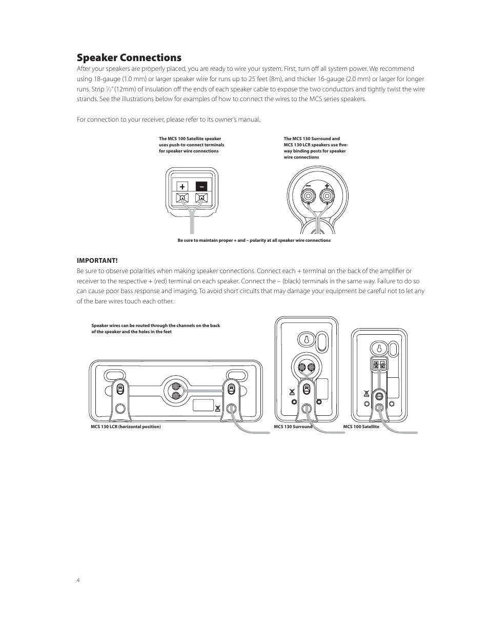 Speaker connections | Boston Acoustics MCS 130 SURROUND User Manual | Page 4 / 7