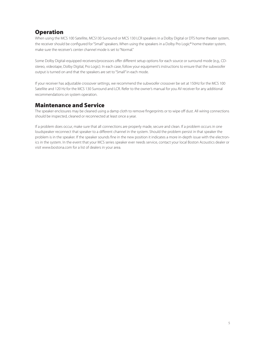 Operation, Maintenance and service | Boston Acoustics MCS 130 SURROUND User Manual | Page 5 / 7