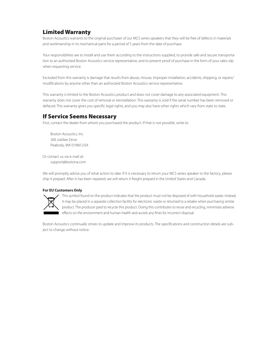 Limited warranty, If service seems necessary | Boston Acoustics MCS 130 SURROUND User Manual | Page 6 / 7