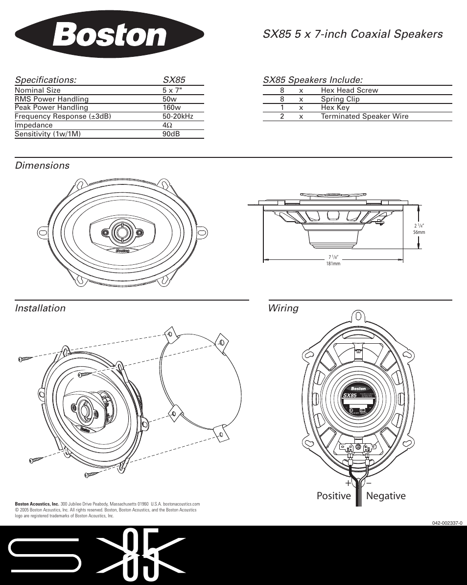 Boston Acoustics SX85 User Manual | 1 page