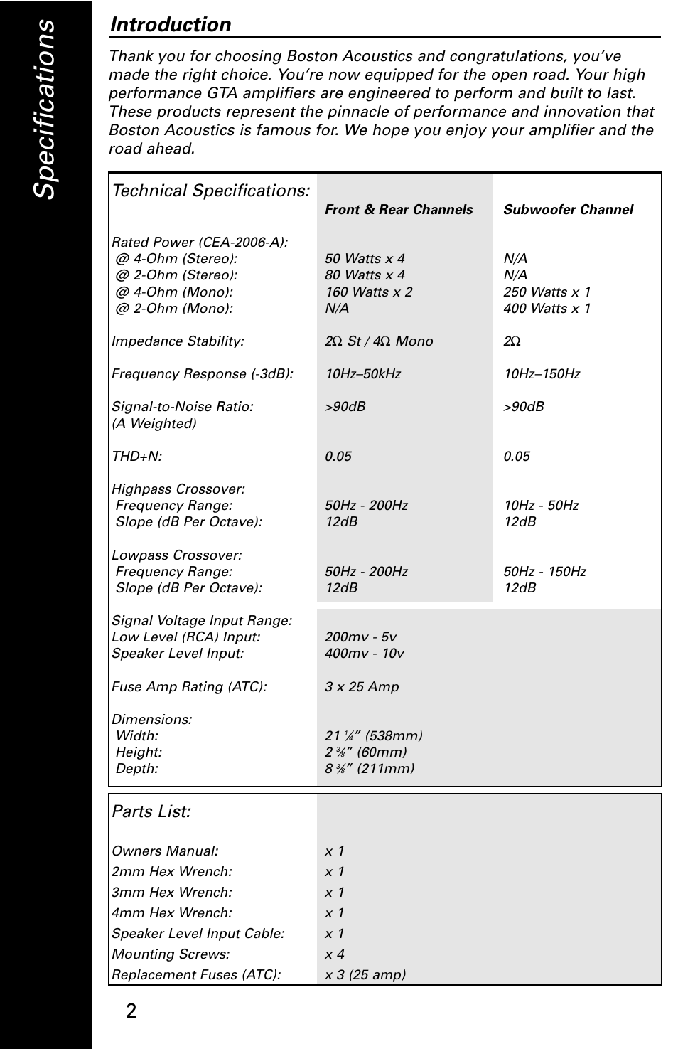 Sp e c if ic a ti o n s, 2introduction | Boston Acoustics GTA 1005 User Manual | Page 2 / 12