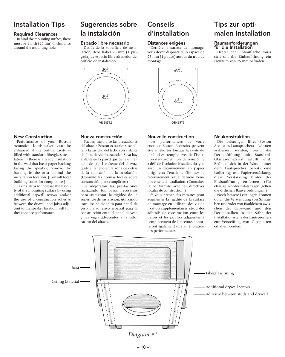 Installation tips, Sugerencias sobre la instalación, Conseils d’installation | Tips zur opti- malen installation, Diagram #1, Required clearances, New construction, Espacio libre necesario, Nueva construcción, Distances exigées | Boston Acoustics DSi465T2 User Manual | Page 10 / 20
