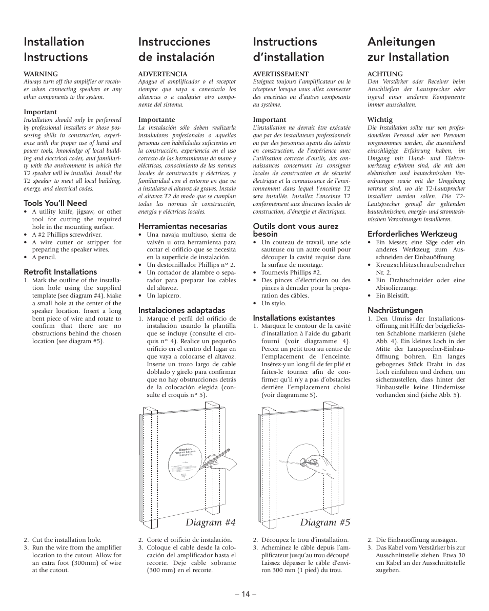 Installation instructions, Instrucciones de instalación, Instructions d’installation | Anleitungen zur installation, Diagram #4 diagram #5 | Boston Acoustics DSi465T2 User Manual | Page 14 / 20
