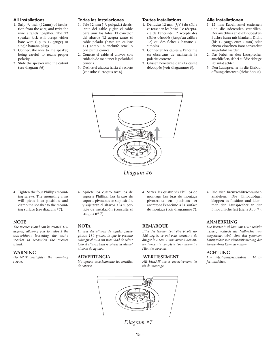 Diagram #6 diagram #7, Warning, Nota | Advertencia, Remarque, Avertissement, Anmerkung, Achtung | Boston Acoustics DSi465T2 User Manual | Page 15 / 20