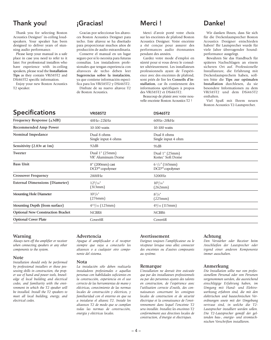 Specifications, Gracias, Merci | Danke | Boston Acoustics DSi465T2 User Manual | Page 4 / 20