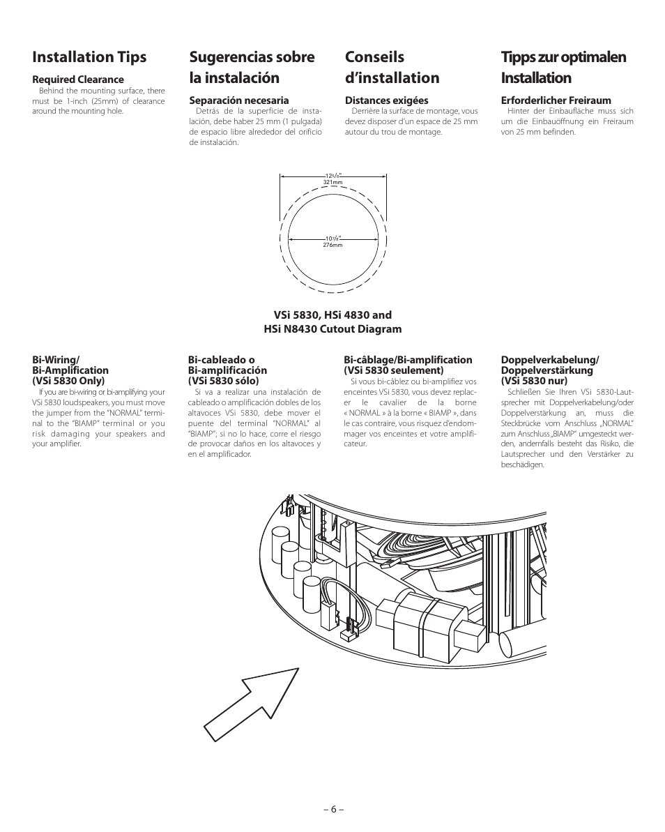Installation tip, Installation tips, Sugerencias sobre la instalación | Conseils d’installation, Tipps zur optimalen installation | Boston Acoustics HSi N8430 User Manual | Page 6 / 16