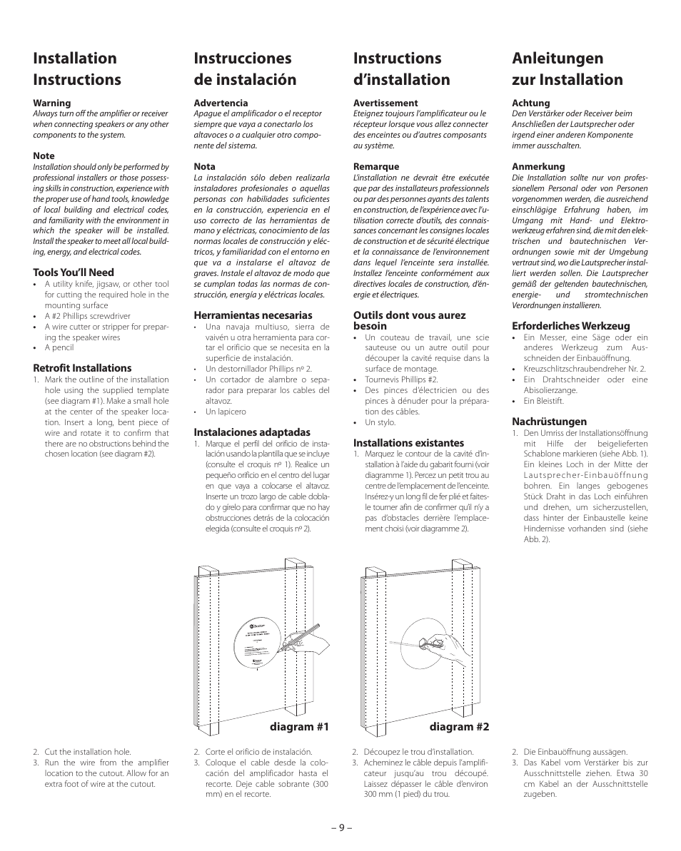 Installation instructions, Instrucciones de instalación, Instructions d’installation | Anleitungen zur installation | Boston Acoustics HSi N8430 User Manual | Page 9 / 16