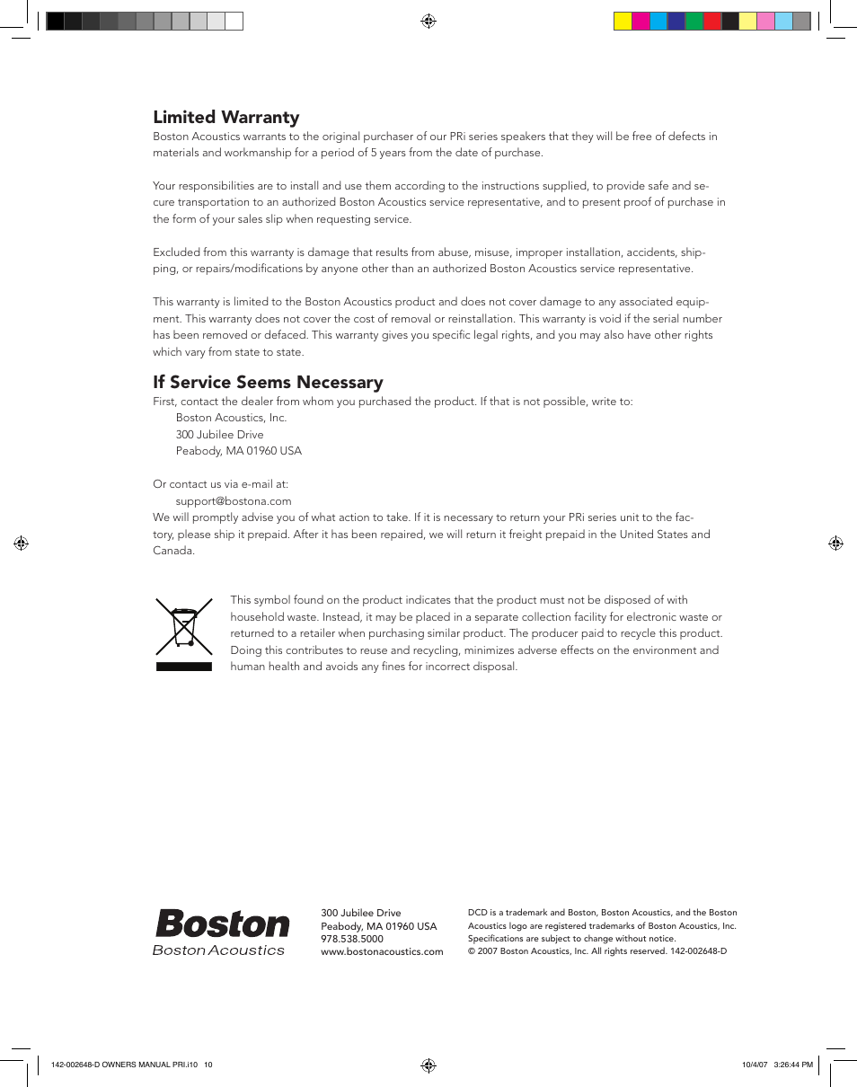 Limited warranty, If service seems necessary | Boston Acoustics SPEAKER SYSTEM PRI685 User Manual | Page 10 / 32