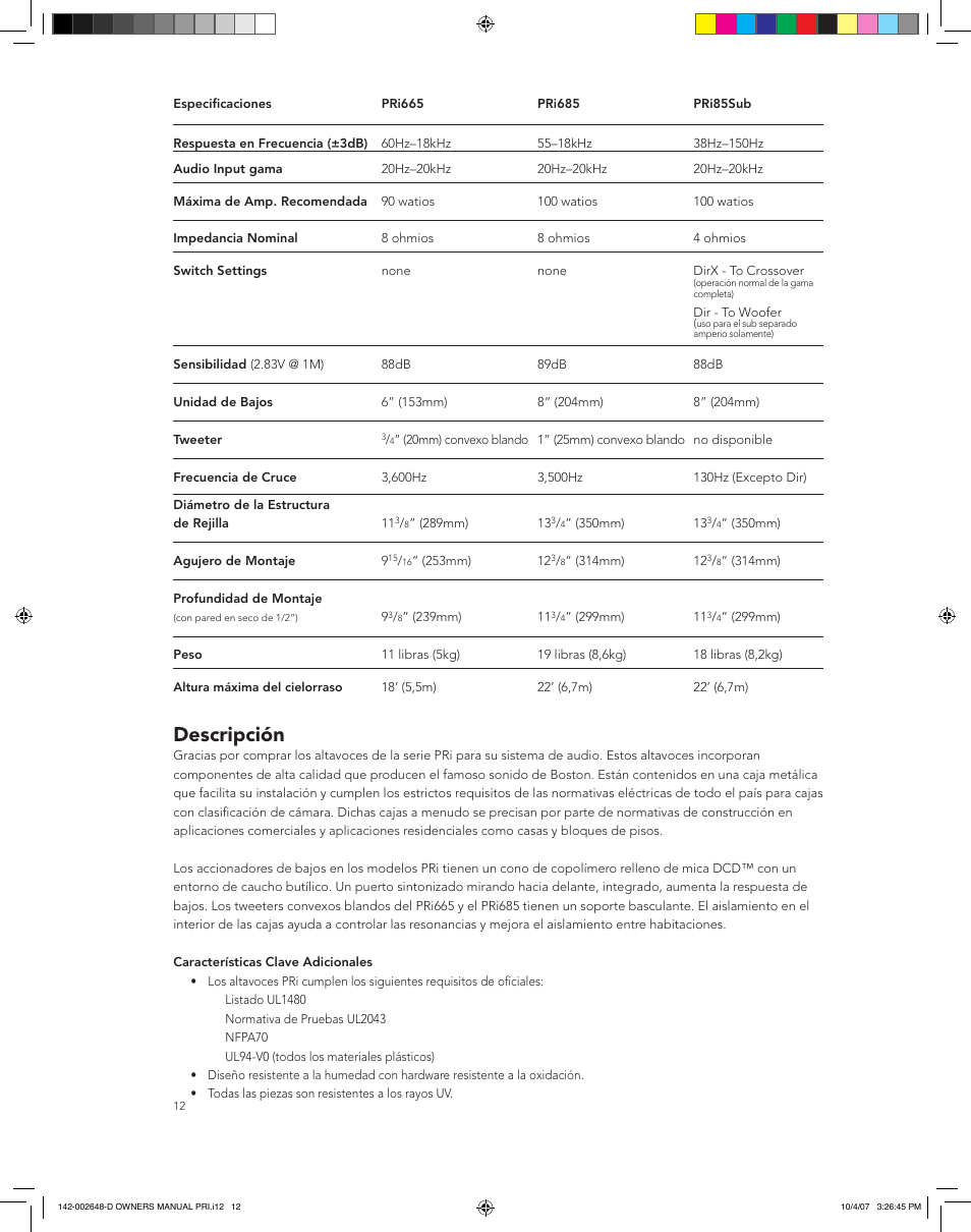 Descripción | Boston Acoustics SPEAKER SYSTEM PRI685 User Manual | Page 12 / 32