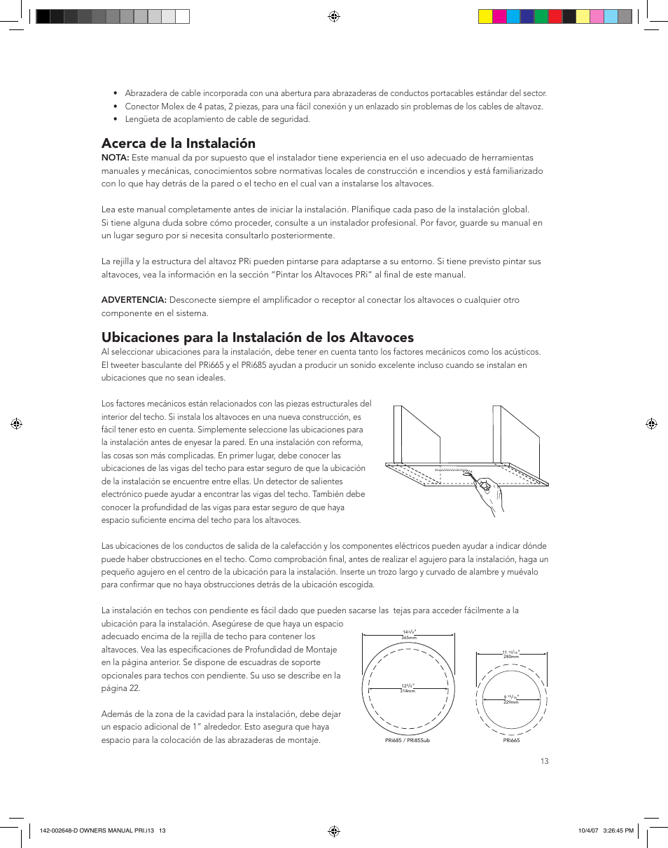 Acerca de la instalación, Ubicaciones para la instalación de los altavoces | Boston Acoustics SPEAKER SYSTEM PRI685 User Manual | Page 13 / 32