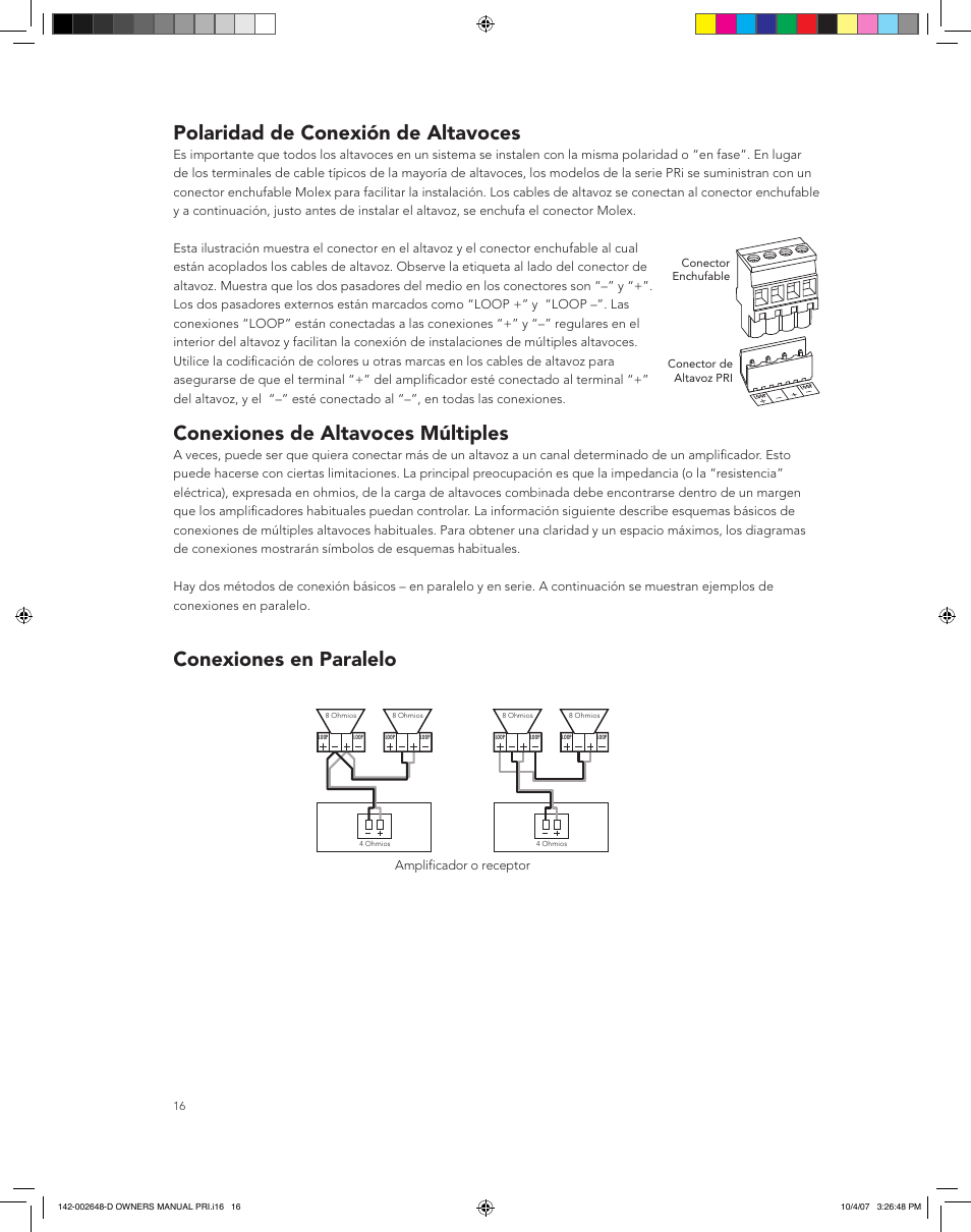 Polaridad de conexión de altavoces, Conexiones de altavoces múltiples, Conexiones en paralelo | Boston Acoustics SPEAKER SYSTEM PRI685 User Manual | Page 16 / 32