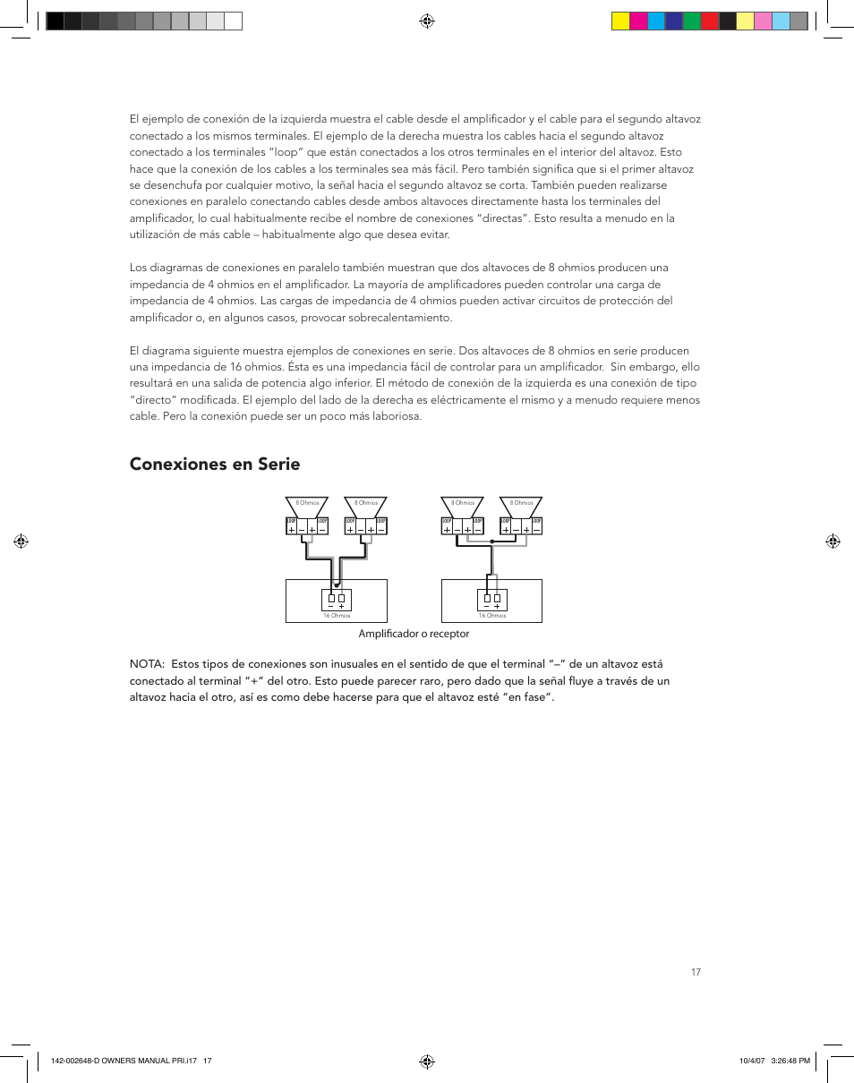 Conexiones en serie, Amplificador o receptor | Boston Acoustics SPEAKER SYSTEM PRI685 User Manual | Page 17 / 32