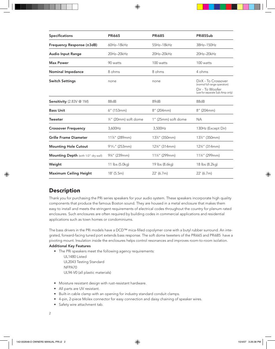 Description | Boston Acoustics SPEAKER SYSTEM PRI685 User Manual | Page 2 / 32