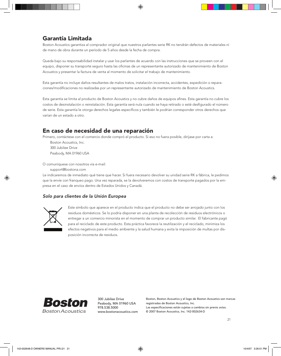 Garantía limitada, En caso de necesidad de una reparación | Boston Acoustics SPEAKER SYSTEM PRI685 User Manual | Page 21 / 32