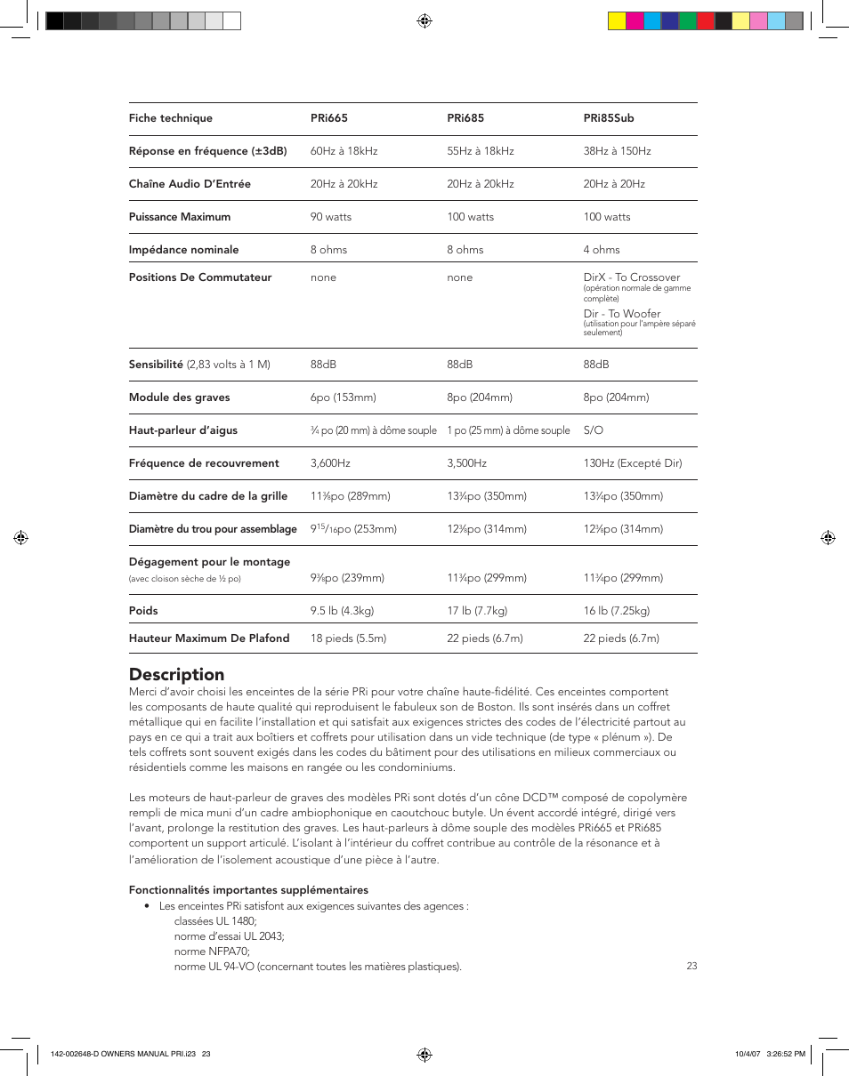 Description | Boston Acoustics SPEAKER SYSTEM PRI685 User Manual | Page 23 / 32