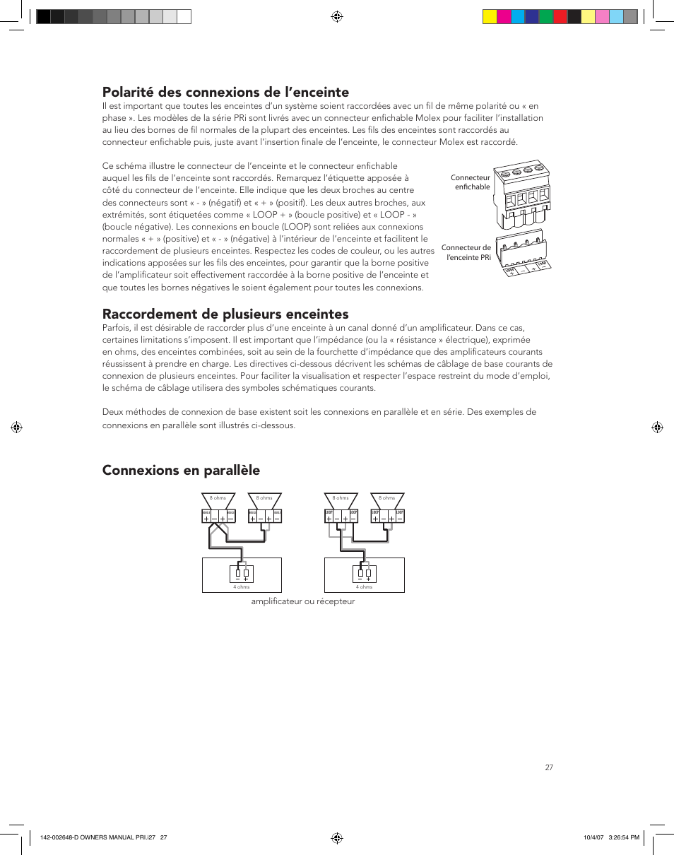 Polarité des connexions de l’enceinte, Raccordement de plusieurs enceintes, Connexions en parallèle | Boston Acoustics SPEAKER SYSTEM PRI685 User Manual | Page 27 / 32