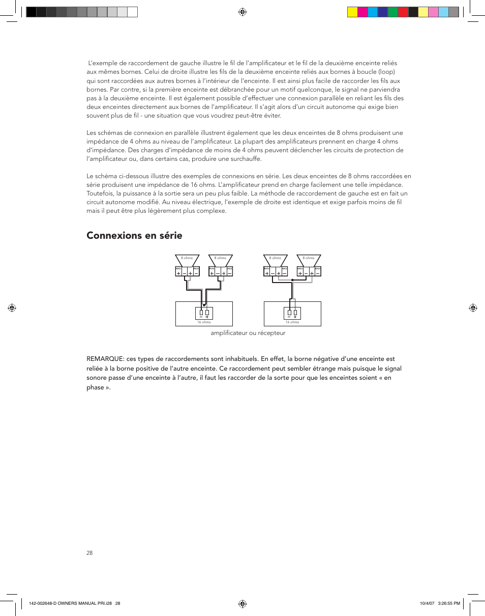 Connexions en série, Amplificateur ou récepteur | Boston Acoustics SPEAKER SYSTEM PRI685 User Manual | Page 28 / 32
