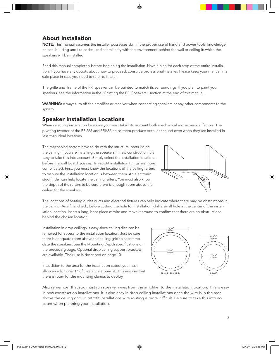 About installation, Speaker installation locations | Boston Acoustics SPEAKER SYSTEM PRI685 User Manual | Page 3 / 32