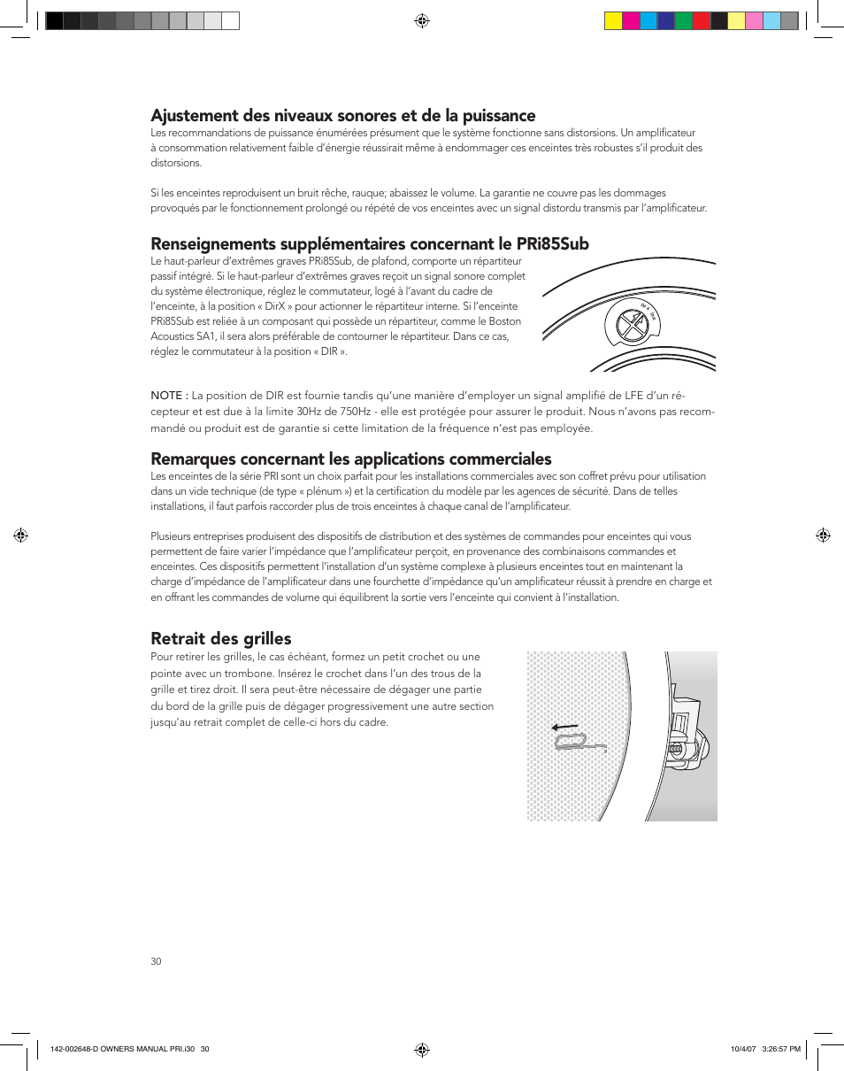 Ajustement des niveaux sonores et de la puissance, Remarques concernant les applications commerciales, Retrait des grilles | Boston Acoustics SPEAKER SYSTEM PRI685 User Manual | Page 30 / 32