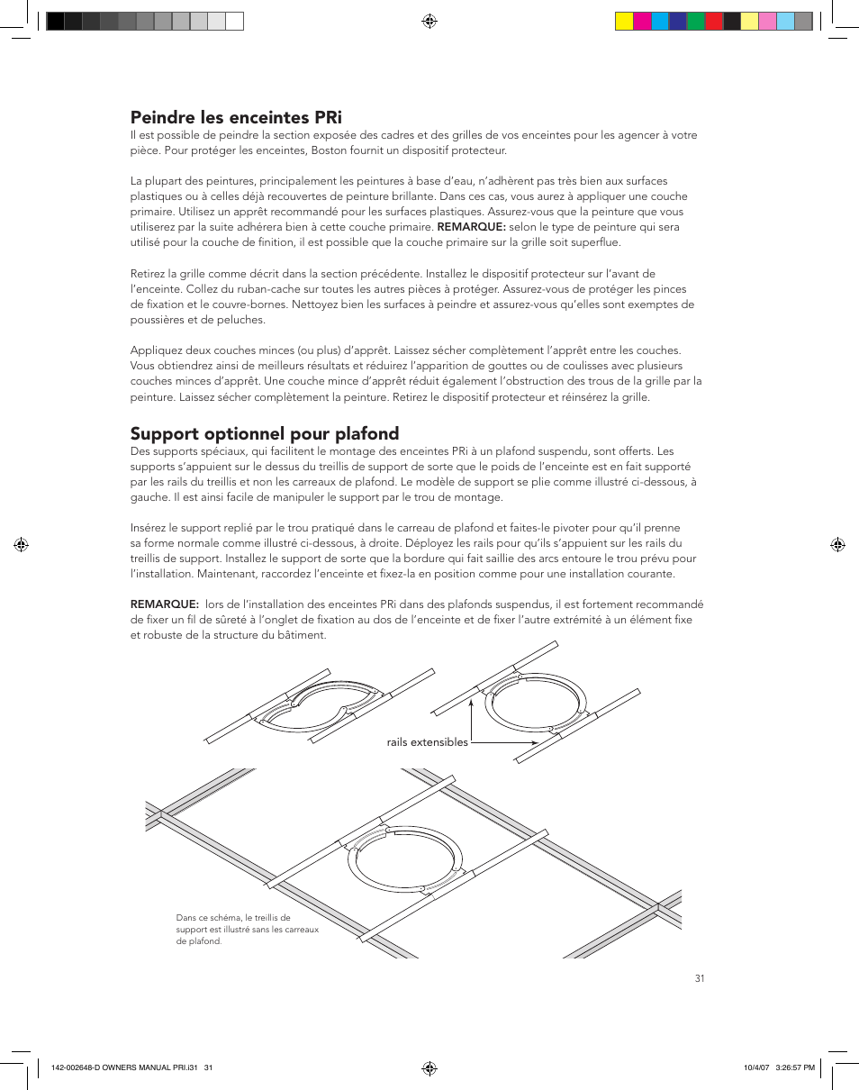 Peindre les enceintes pri, Support optionnel pour plafond | Boston Acoustics SPEAKER SYSTEM PRI685 User Manual | Page 31 / 32
