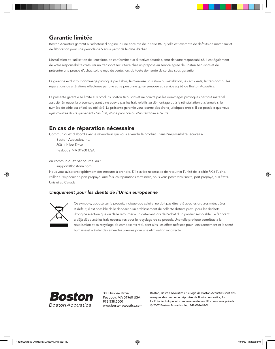 Garantie limitée, En cas de réparation nécessaire | Boston Acoustics SPEAKER SYSTEM PRI685 User Manual | Page 32 / 32