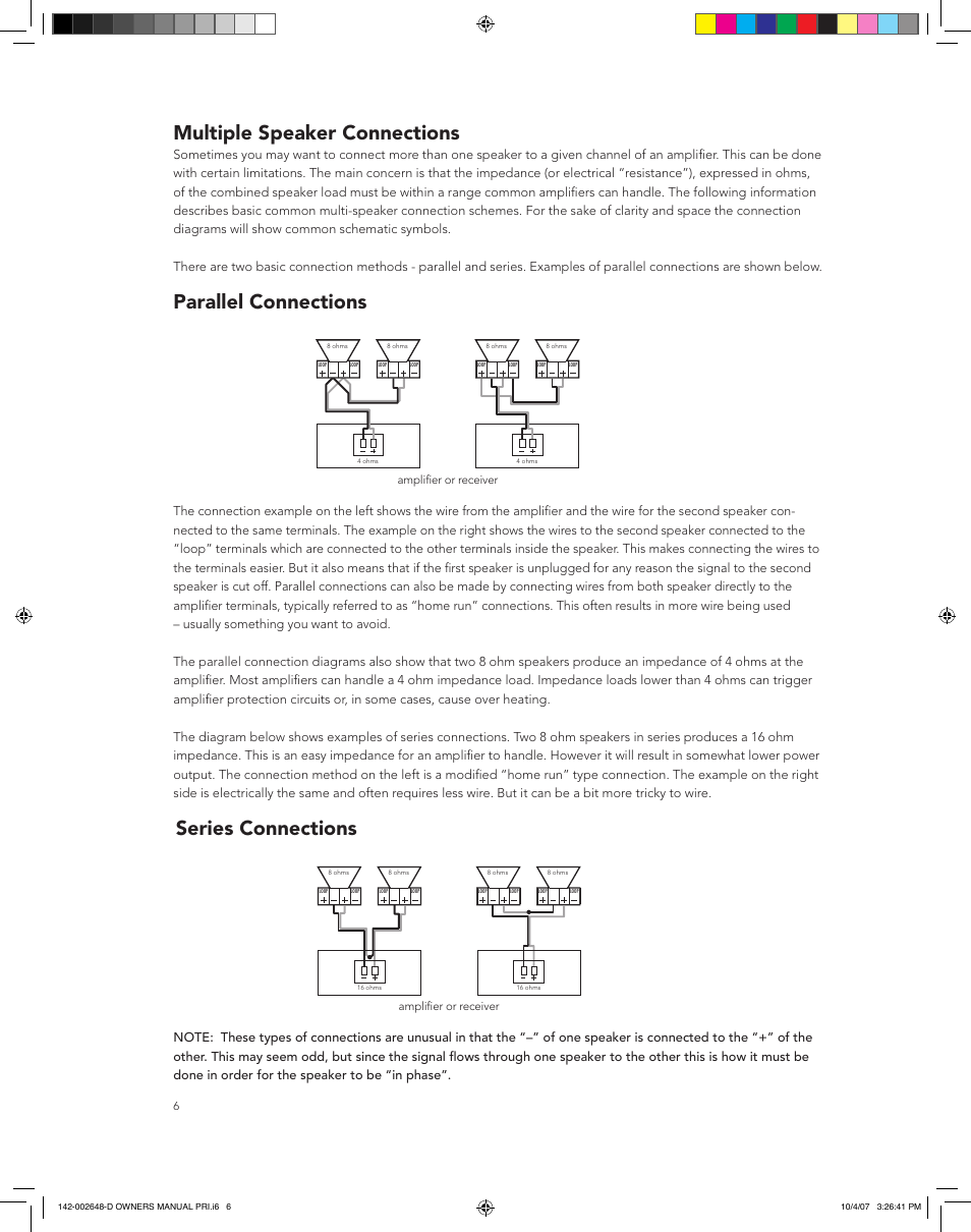 Multiple speaker connections, Parallel connections series connections | Boston Acoustics SPEAKER SYSTEM PRI685 User Manual | Page 6 / 32
