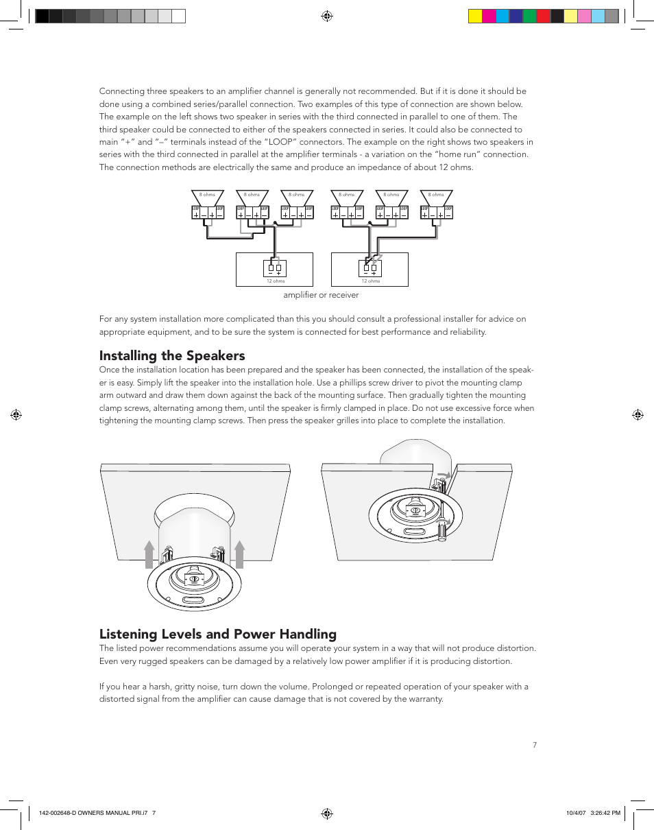 Installing the speakers, Listening levels and power handling | Boston Acoustics SPEAKER SYSTEM PRI685 User Manual | Page 7 / 32