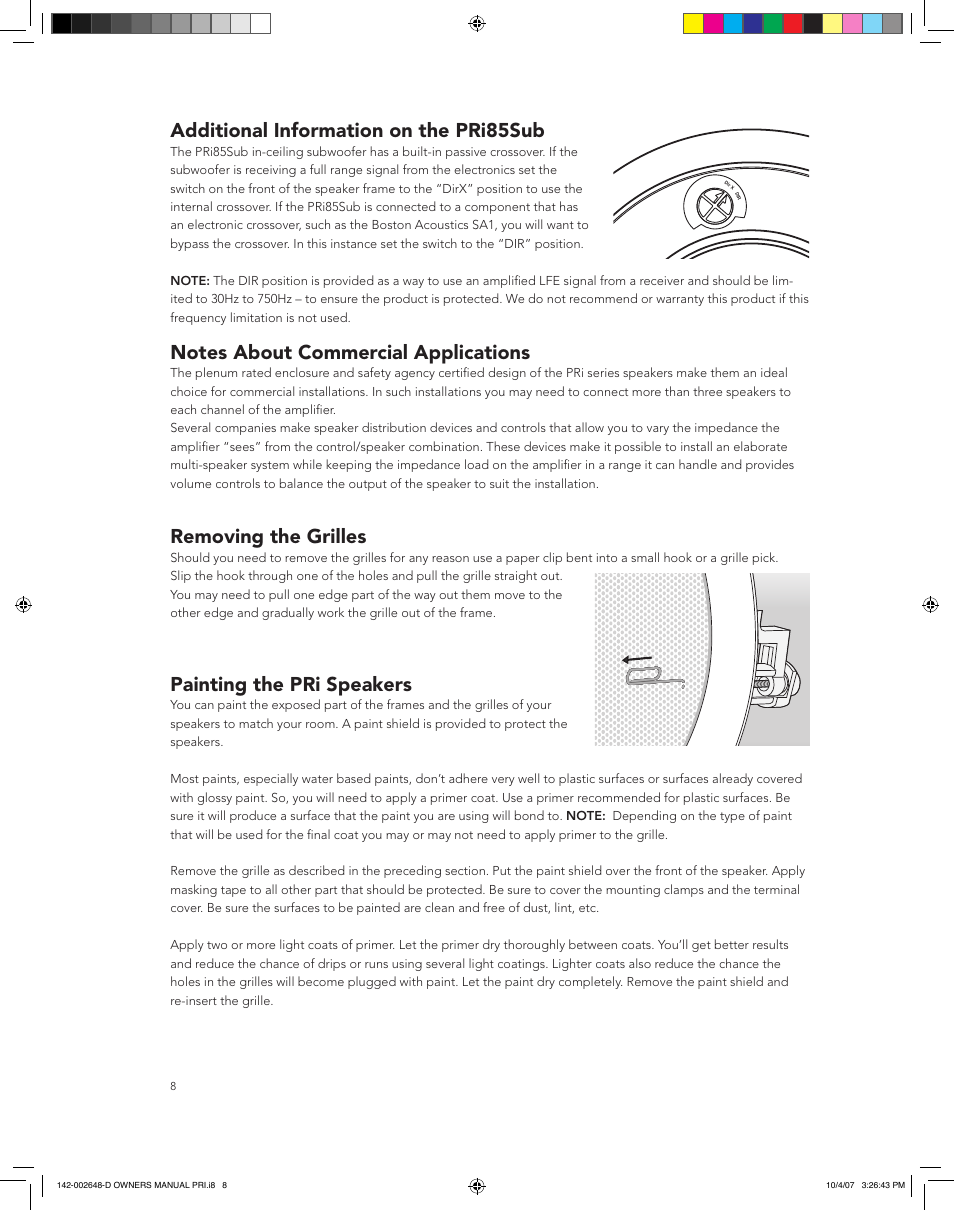 Additional information on the pri85sub, Removing the grilles, Painting the pri speakers | Boston Acoustics SPEAKER SYSTEM PRI685 User Manual | Page 8 / 32