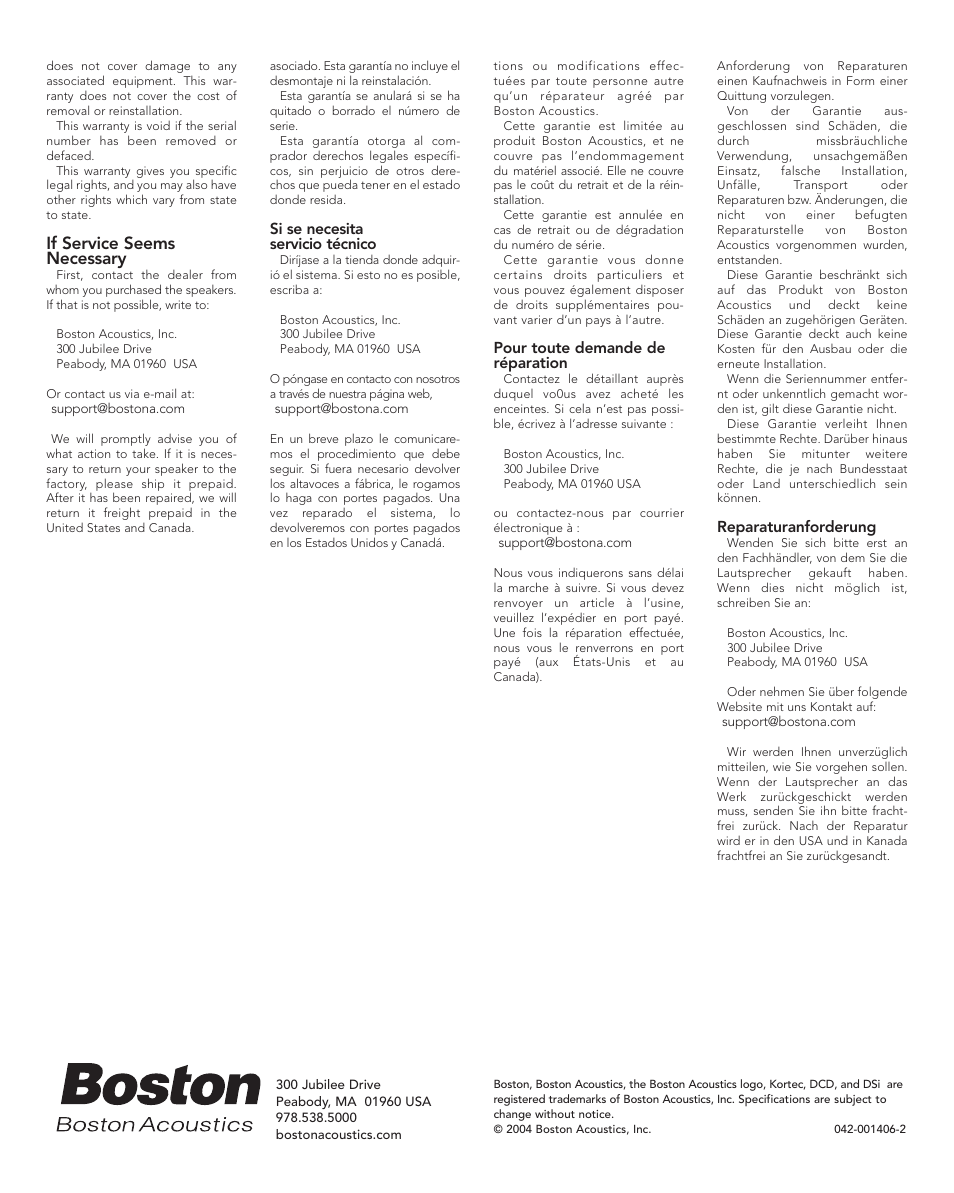 Listening levels and power, Niveles de audicišn manejo, Gestion de la puissance et | Listening levels and, Power handling, Niveles de audición, Manejo de potencia, Différents niveaux d’écoute 11, Lautstärkeneinstellungen, Leistungsverarbeitung | Boston Acoustics DSI455T2 User Manual | Page 12 / 13