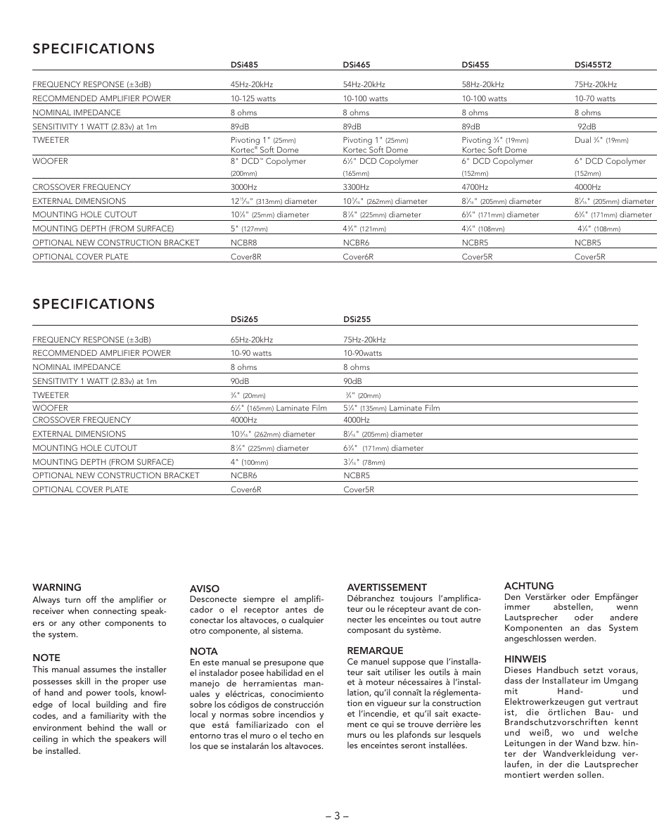 Thank you, Ágracias, Merci | Gracias, Vielen dank, Specifications, 3 – warning, Aviso, Nota, Avertissement | Boston Acoustics DSI455T2 User Manual | Page 3 / 13