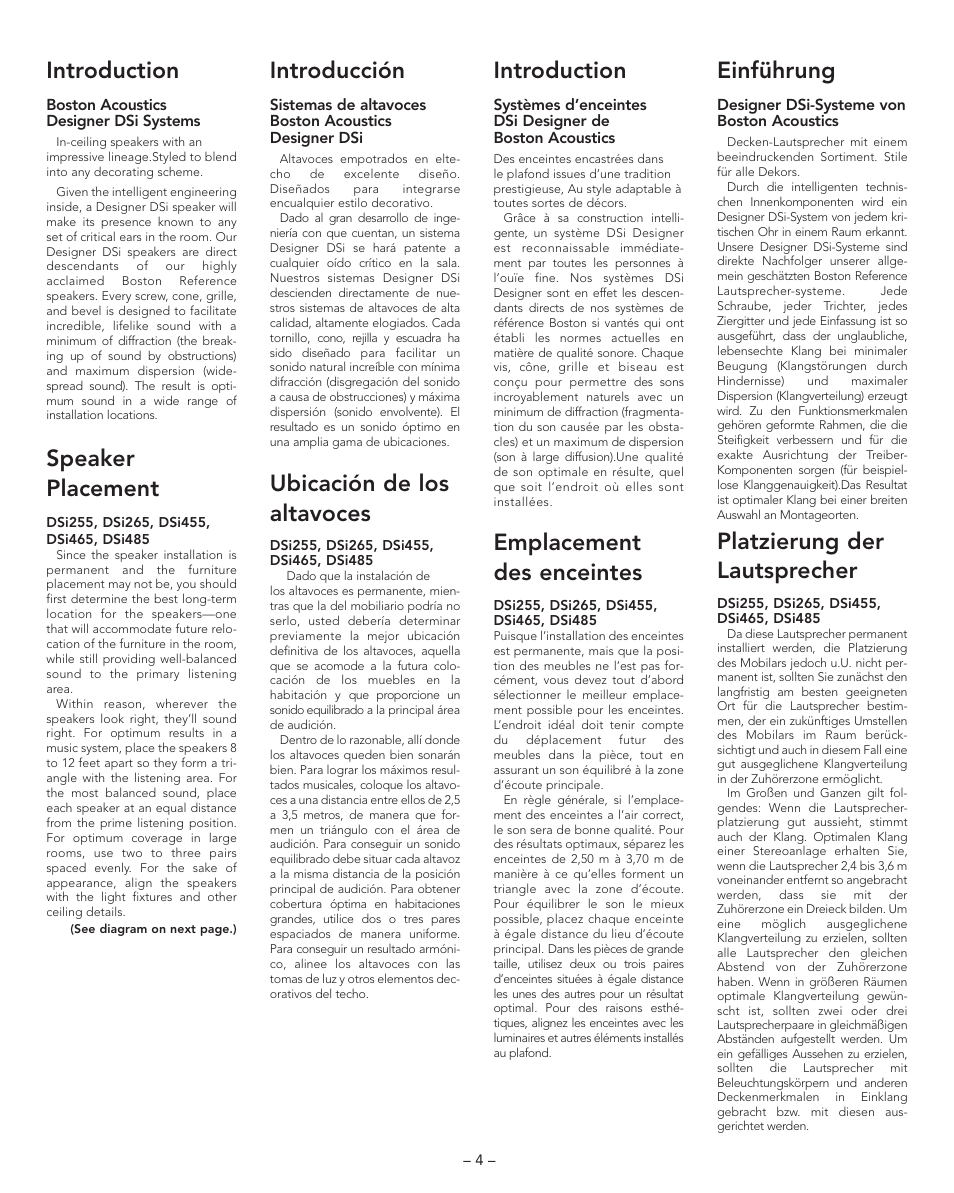 Introduction, Speaker placement, Introducción | Ubicación de los altavoces, Emplacement des enceintes, Einführung, Platzierung der lautsprecher | Boston Acoustics DSI455T2 User Manual | Page 4 / 13