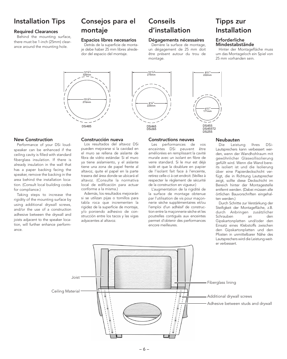 Installation tips, Consejos para el montaje, Conseils d’installation | Tipps zur installation, New construction, Construcción nueva, Constructions neuves, Neubauten, Required clearances, Espacios libres necesarios | Boston Acoustics DSI455T2 User Manual | Page 6 / 13
