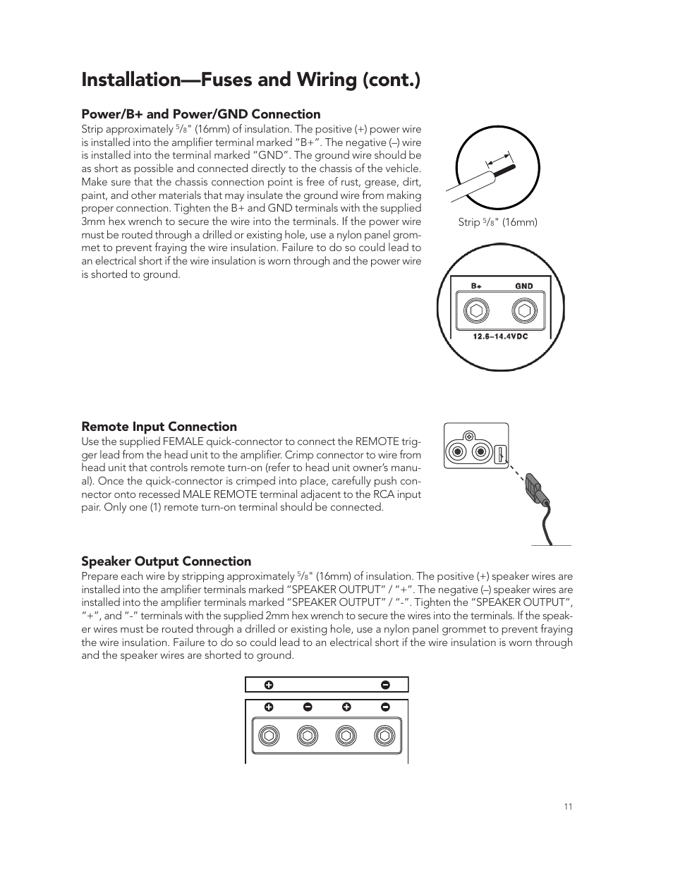 Installation—fuses and wiring (cont.), Power/b+ and power/gnd connection, Remote input connection | Speaker output connection | Boston Acoustics GT-28 User Manual | Page 11 / 19