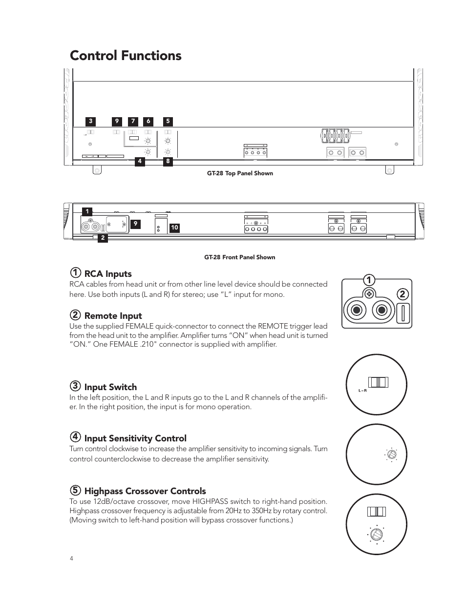 Control functions, Rca inputs, Remote input | Input switch, Input sensitivity control, Highpass crossover controls | Boston Acoustics GT-28 User Manual | Page 4 / 19