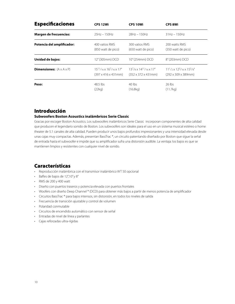 Especificaciones, Introducción, Características | Boston Acoustics CPS 10Wi User Manual | Page 10 / 44