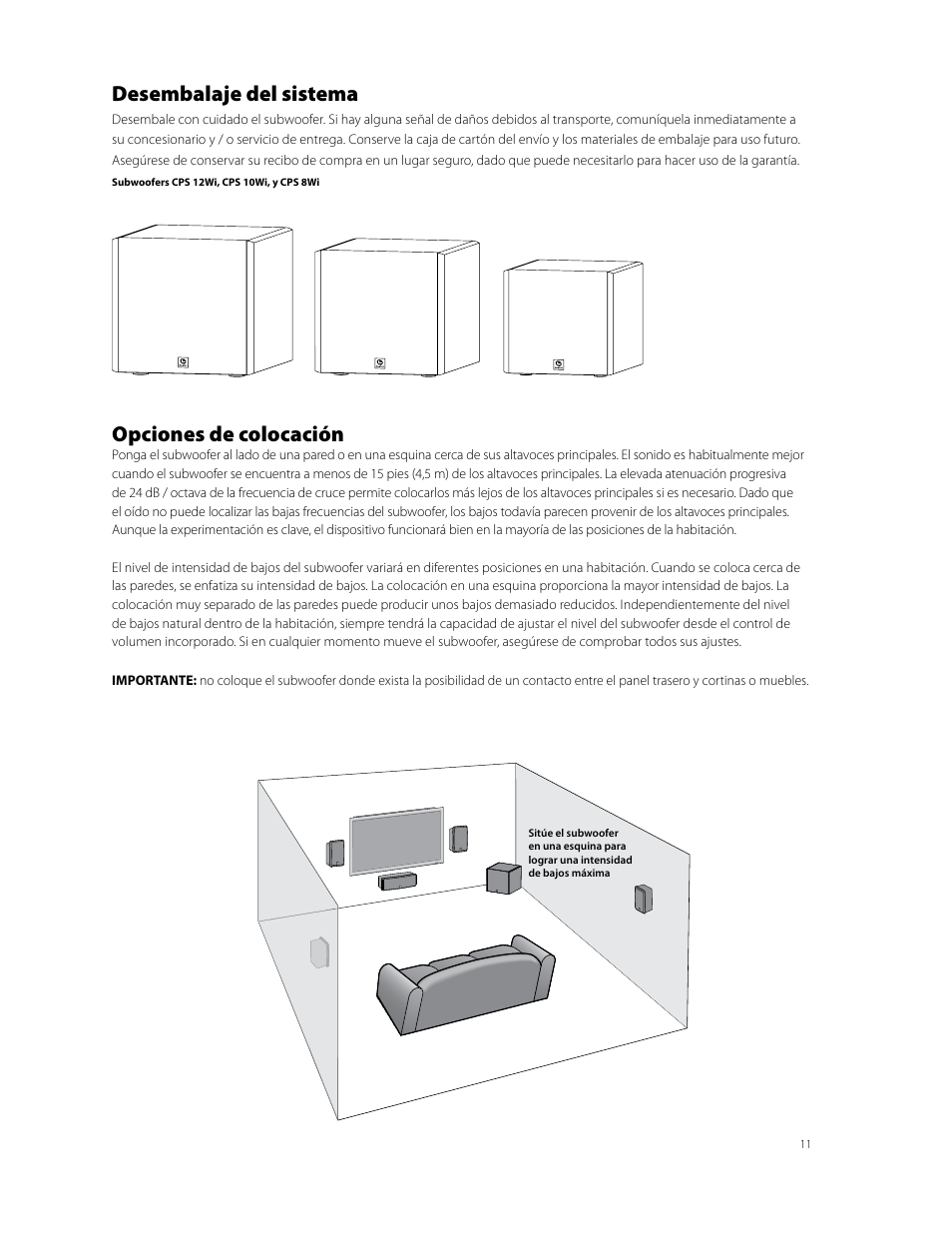 Desembalaje del sistema, Opciones de colocación | Boston Acoustics CPS 10Wi User Manual | Page 11 / 44