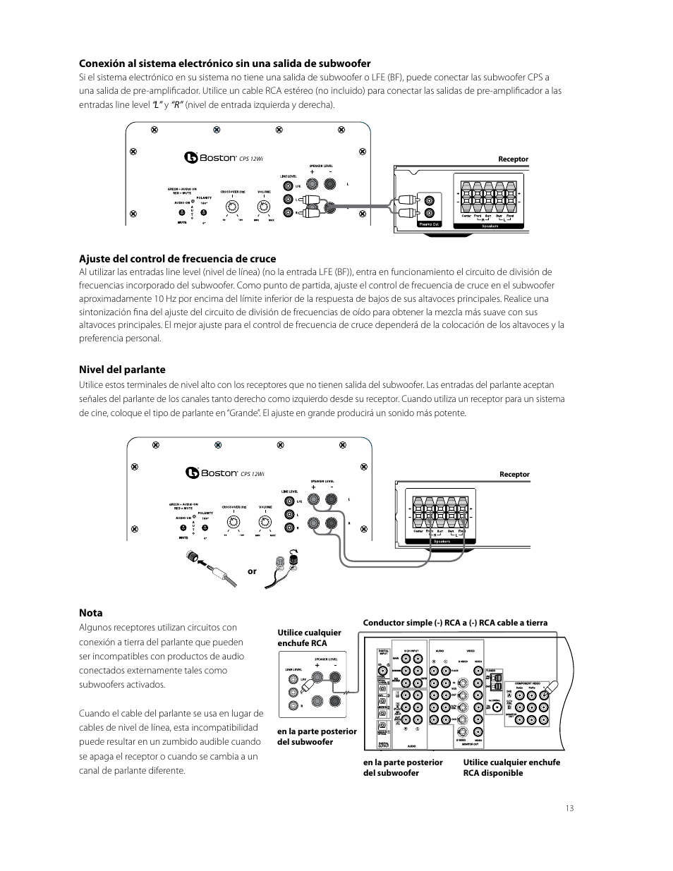 Ajuste del control de frecuencia de cruce, Nivel del parlante, Nota | Receptor | Boston Acoustics CPS 10Wi User Manual | Page 13 / 44