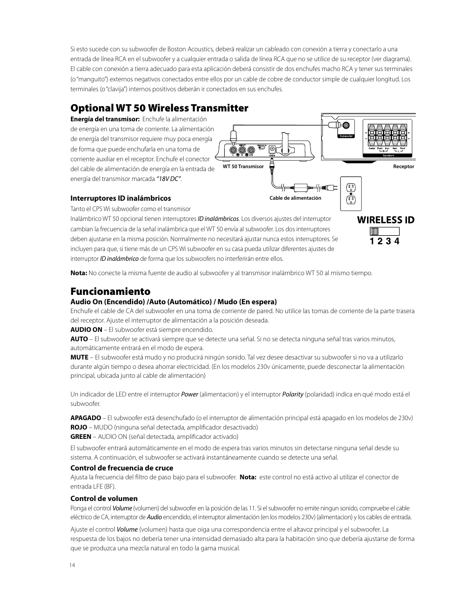 Optional wt 50 wireless transmitter, Funcionamiento | Boston Acoustics CPS 10Wi User Manual | Page 14 / 44