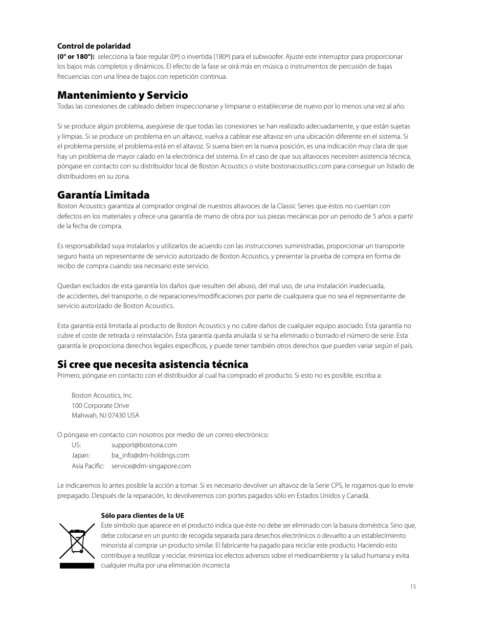 Mantenimiento y servicio, Garantía limitada, Si cree que necesita asistencia técnica | Boston Acoustics CPS 10Wi User Manual | Page 15 / 44