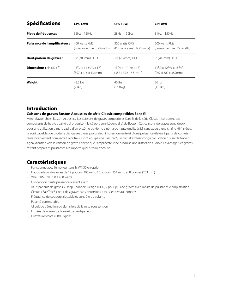 Spécifications, Introduction, Caractéristiques | Boston Acoustics CPS 10Wi User Manual | Page 17 / 44