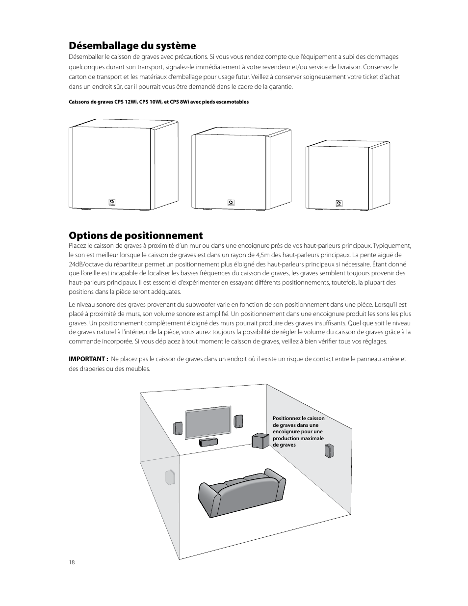 Désemballage du système, Options de positionnement | Boston Acoustics CPS 10Wi User Manual | Page 18 / 44