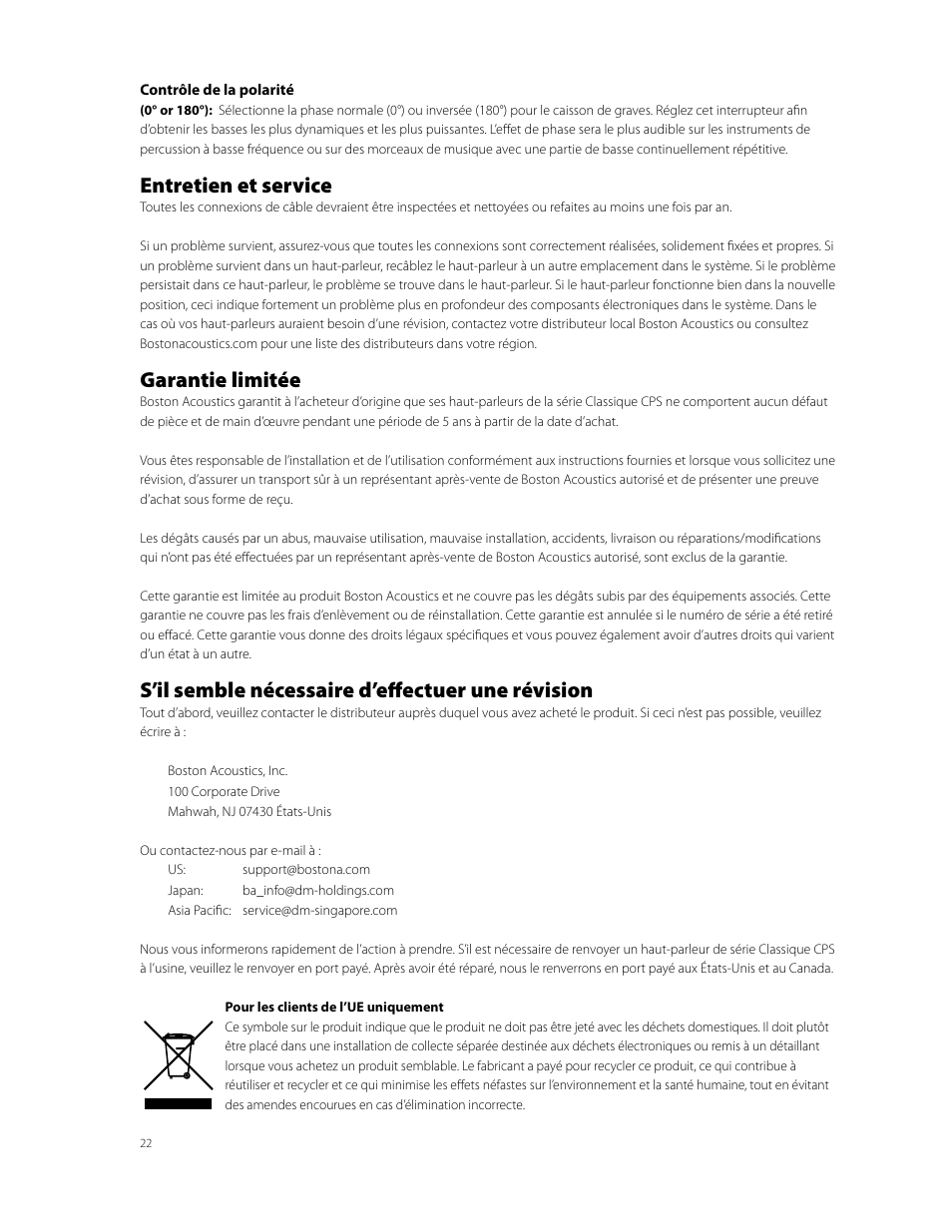 Entretien et service, Garantie limitée, S’il semble nécessaire d’effectuer une révision | Boston Acoustics CPS 10Wi User Manual | Page 22 / 44
